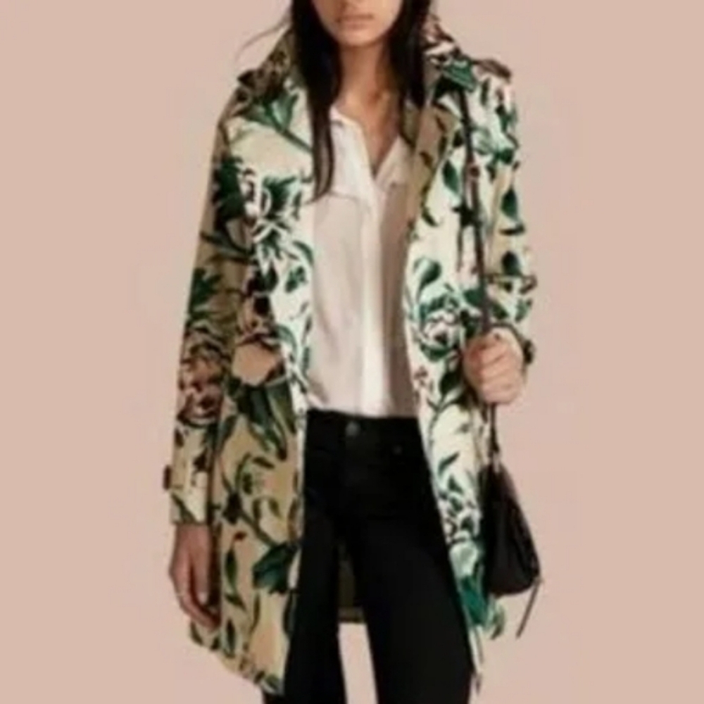 Burberry Peony Rose Print Cotton Trench Coat Emerald Green Rare Print